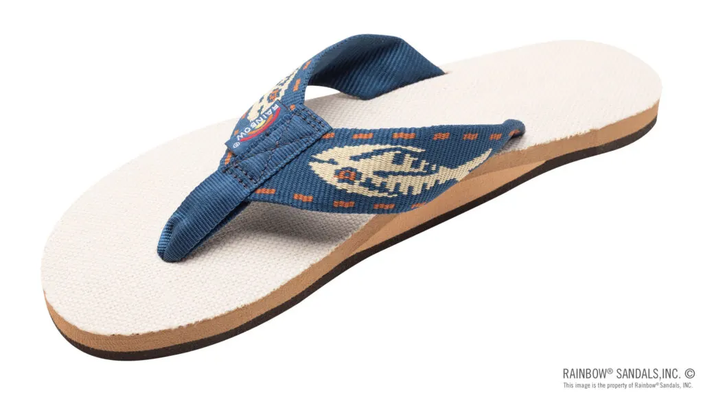 best hemp flip flops, white and blue rainbow hemp sandals with fish detail
