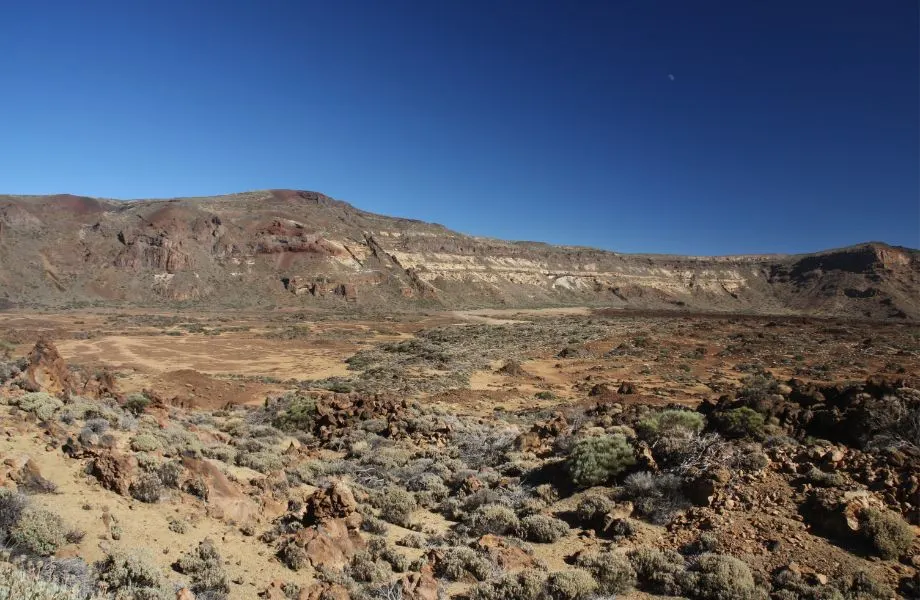 where to go hiking in Tenerife, rocky desert covered with sand and desert plants and mountains in the distance