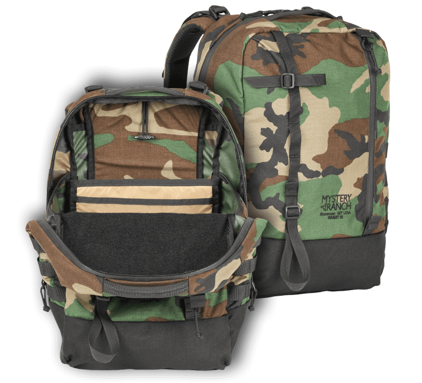 best sustainable backpacks made in the USA, two images of same camo backpack, the first the inside of the bag, the second the outside with the bag shut