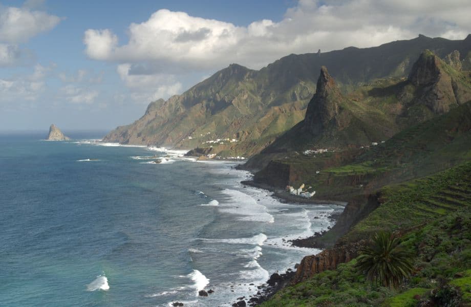 best walks in Tenerife, coastline lined with fields and mountains with water coming up to shore