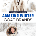 Top photo shows a flatlay with a white coat in the middle, bag, make up on the side, beanie on top; on the right are the shoes. While the bottom photo shows a woman smiling standing in a snowy. field, wearing a white coat.