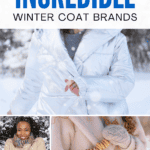 There are three photos, the biggest one has a picture of a woman wearing a white coat without showing her face. She is standing in a snowy field. Left photo is a woman smiling with a cream coat,multi colored striped scarf and she appears to be feeling cold because she is infront of a snowy tree or bush. Right. photo shows a picture of a person wearing a cream coat without her face being visible. She has mittens on and a sling bag which has hoops in the sling.
