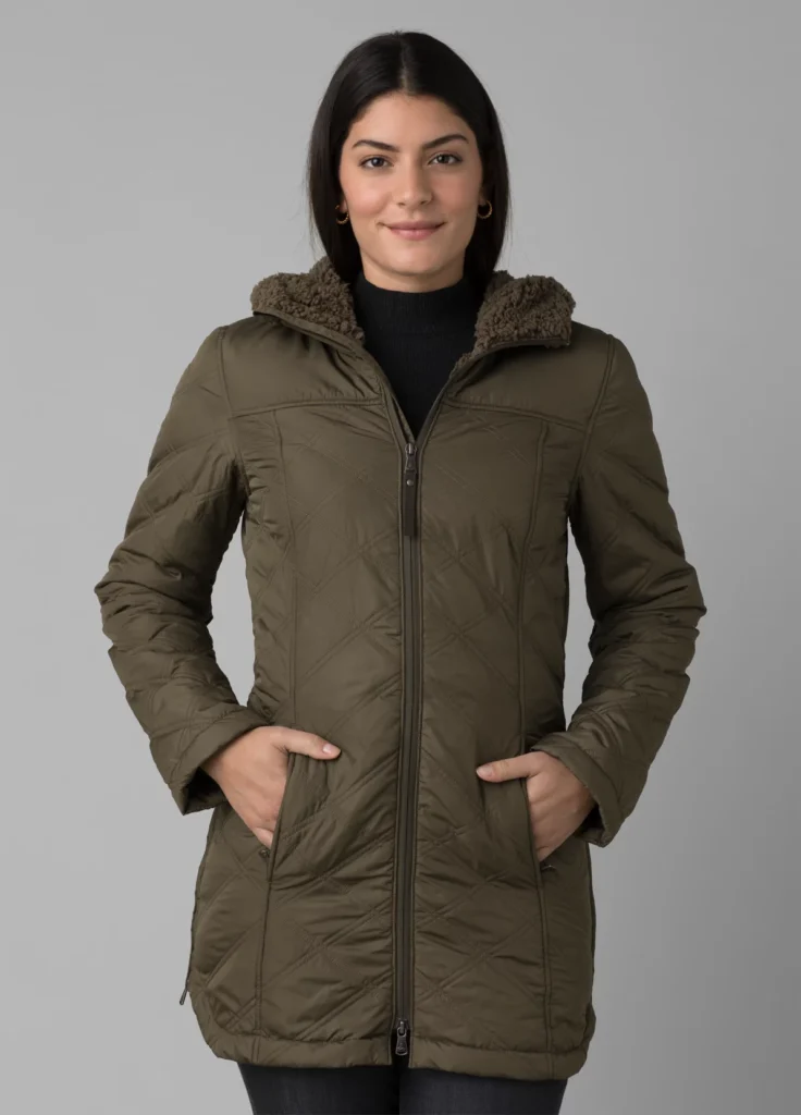 most eco-friendly coats, person wearing mid-length winter coat with fleece lining