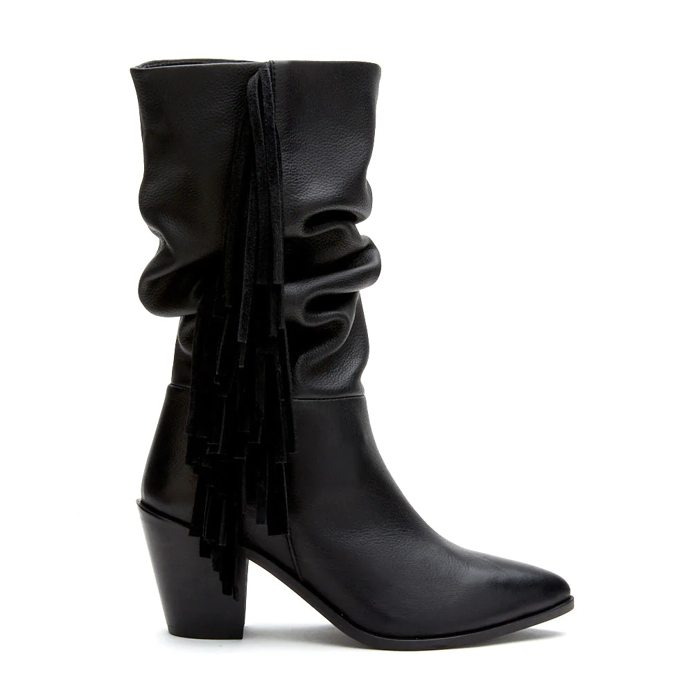 best sustainable boots for women, trendy black boots with tassles