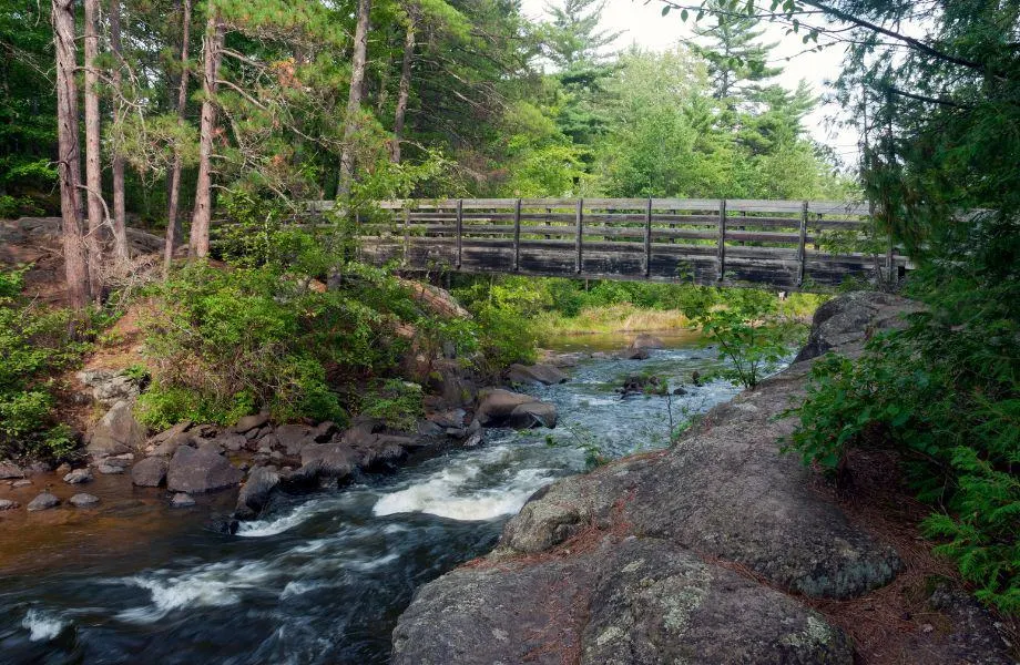 haunted forest in Wisconsin, old bridge over river in middle of wooded area