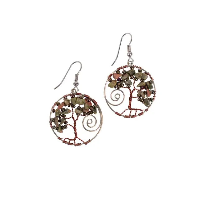 fun environmentally friendly jewelry brands, earrings with tree designs in center made from beads and wire