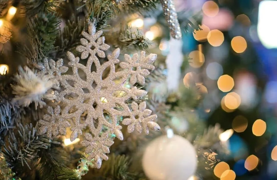 Christmas markets in Belgium, section of Christmas tree with snowflake ornament