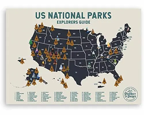 cool national park gift, scratch map of the US with markers for all the national parks