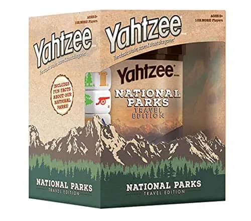 best national parks gifts, box of Yahtzee National Parks game with peak of some of the dice