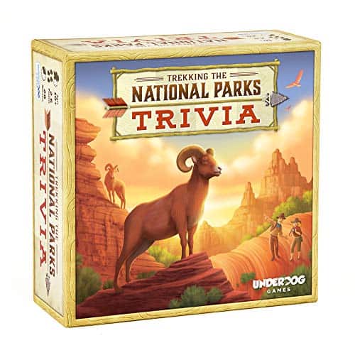 fun national park presents for the family, Trekking The National Parks board game box with two tourists in a national park pointing at a ram in the foreground