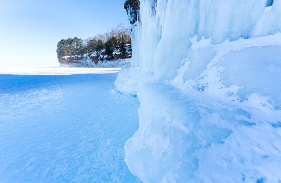 Wisconsin winter vacation in the Apostle Islands, frozen over area along Apostle Island coastline and surrounding lake