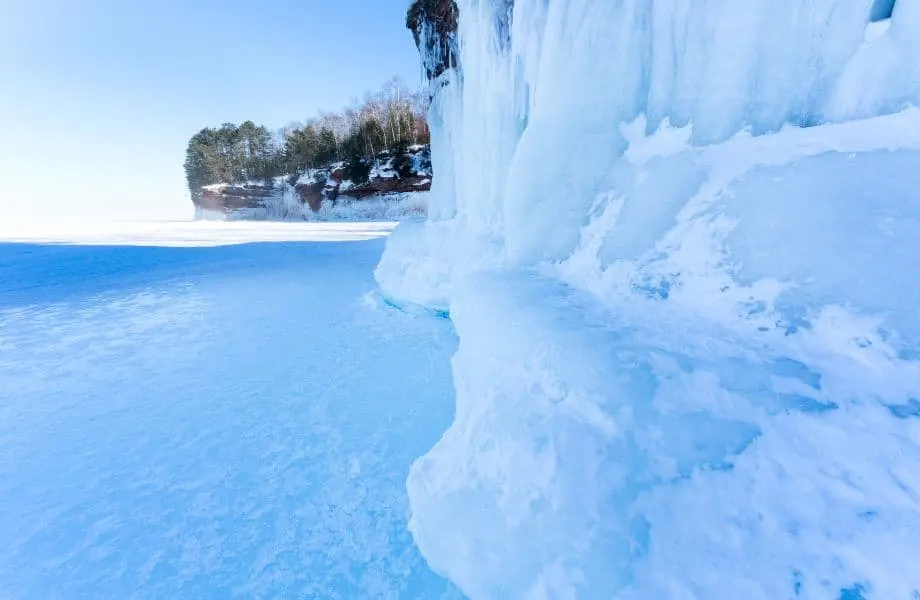 Wisconsin winter vacation in the Apostle Islands, frozen over area along Apostle Island coastline and surrounding lake