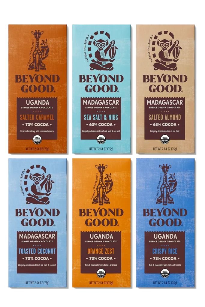 edible eco-friendly holiday gifts, two rows of three chocolate bars from Beyond Good