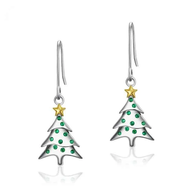 environmentally-friendly Christmas gifts, silver Christmas tree shaped earrings with green jewels and gold stars