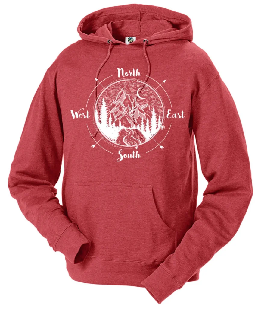 gifts for national park enthusiasts, red hoodie with image of mountains and trees surrounded by words north, east, south, west