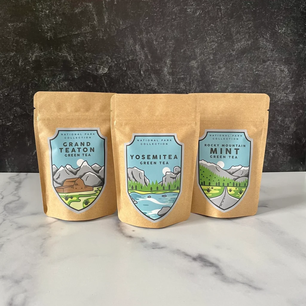 national park-themed gifts, three packs of national-park related tea packets