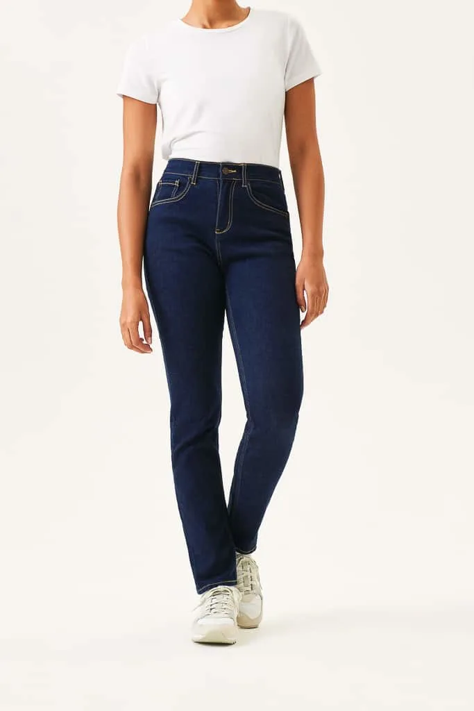 eco-friendly jeans, headless model wearing white shirt and dark blue jeans