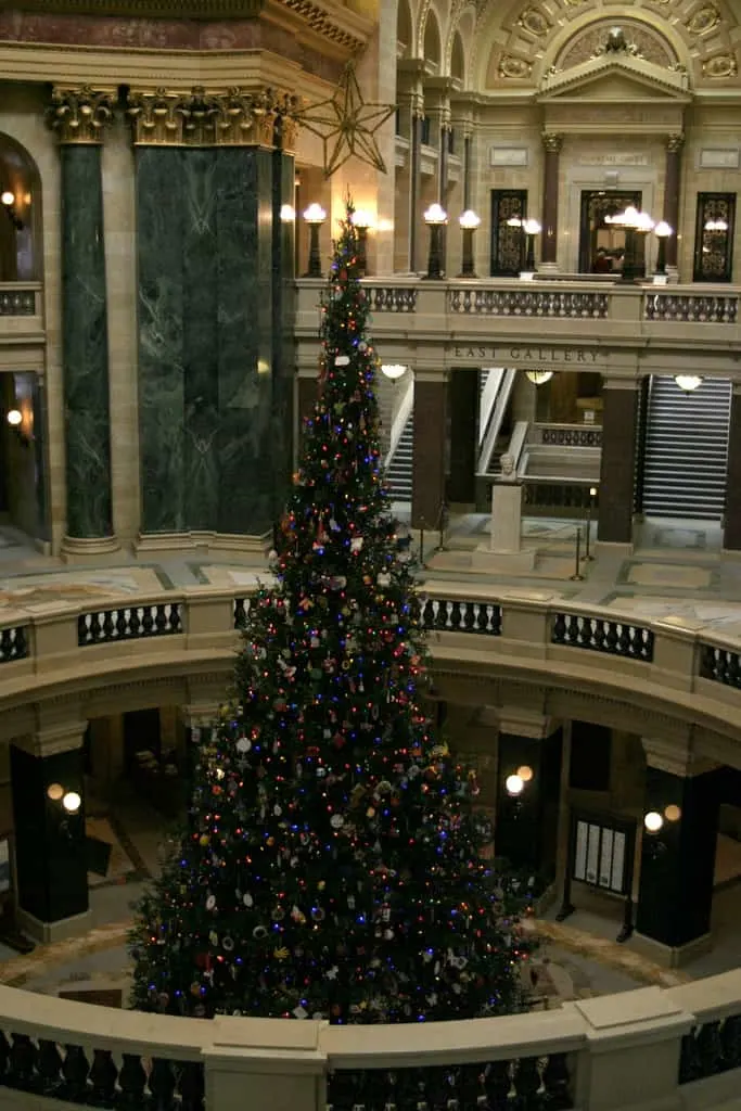 Christmas events in Madison, WI, top of giant Christmas tree inside of Capitol building in Madison Wisconsin