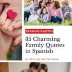 a family enjoying their time together sitting at a park with cherry blossoms blooming, 3 pairs of hand cradling a heart cut-out, family composed of a father, mother, son, and baby daughter hugging each other, 35 charming family quotes in Spanish