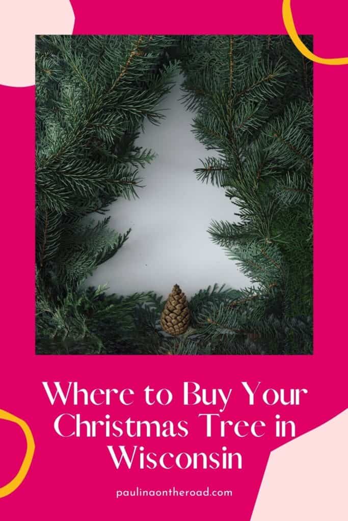 Pin reading "Where to buy your Christmas tree in Wisconsin" with website link at bottom, image features pine needles arranged to have an opening shaped like a Christmas tree with pinecone for tree base