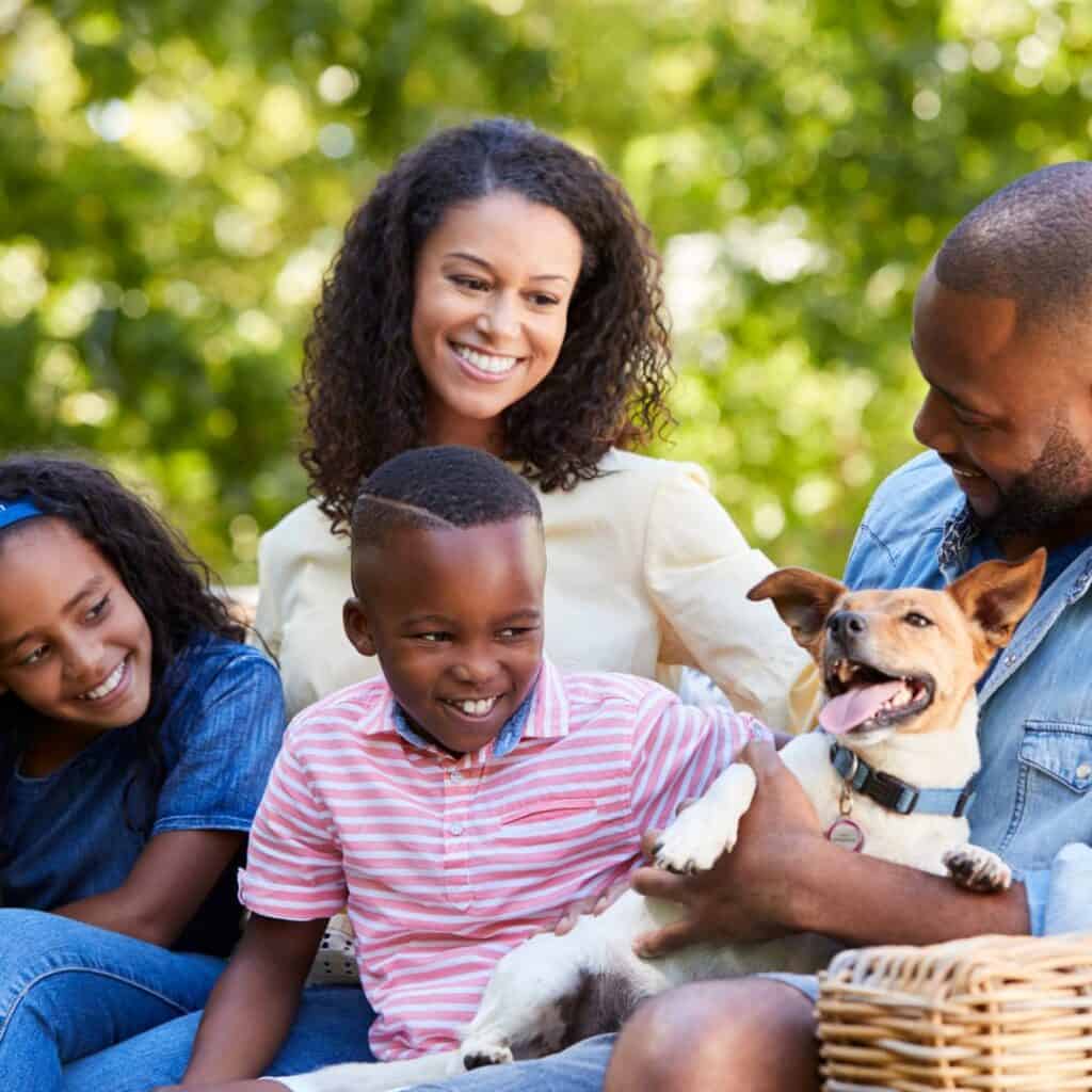 a family of four enjoying their picnic with their dog
