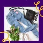 Pin with purple outline and central picture of jeans, handbag, flowers, shoes and sunglasses laid out on floor, text above reads 'Guide to buying Sustainable Jeans"