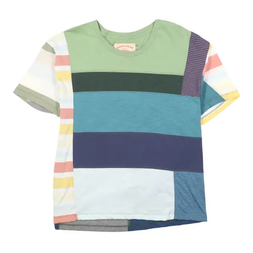 clothing made with zero waste fabrics, t-shirt made with several different shirts of different colors and designs