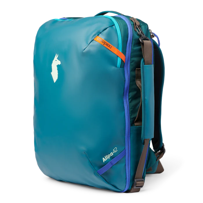 best brands for recycled luggage, blue backpack from Cotopaxi with llama logo