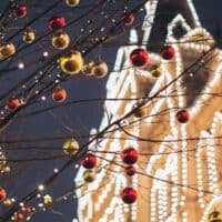 fun winter activities in wisconsin, leafless tree decorated with red and gold Christmas bulbs in front of a blurry public building covered in gold Christmas lights