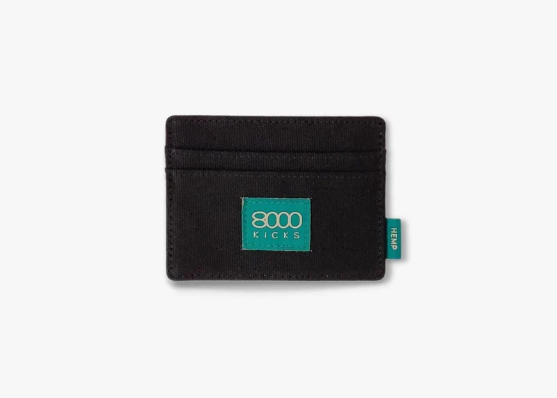 eco-friendly card holder, black cardholder made from hemp with teal logo from 8000 Kicks on front