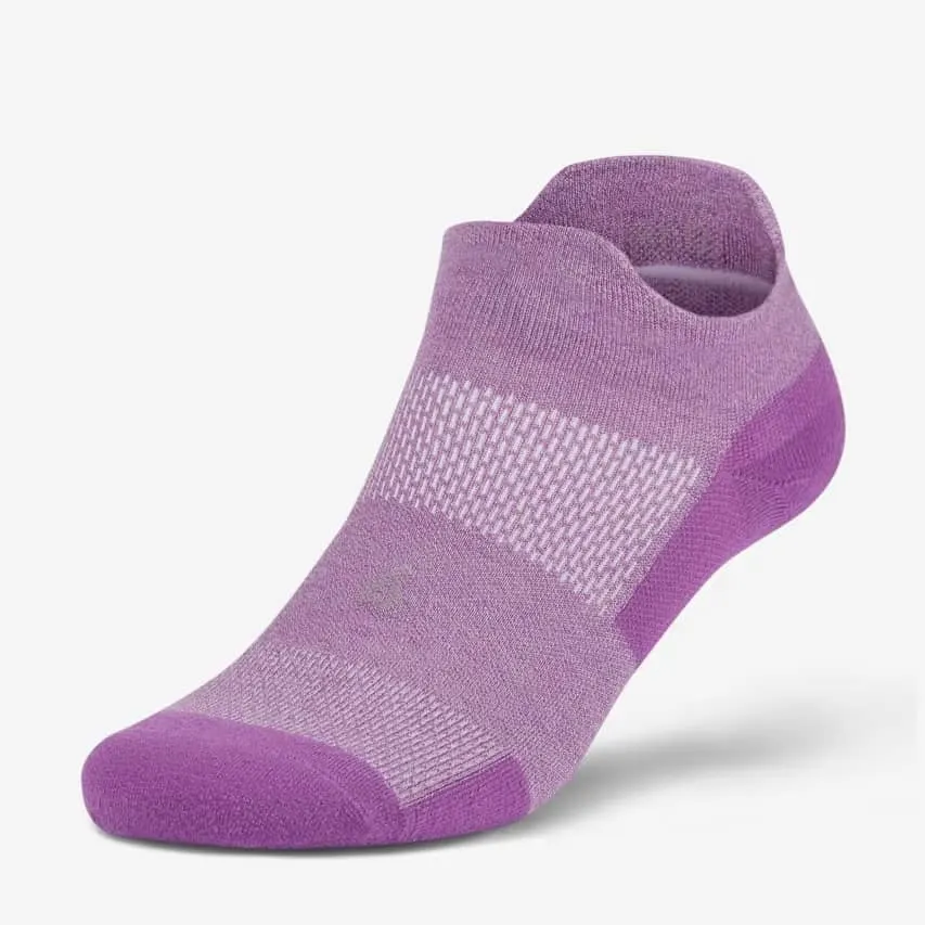 sustainable running socks, single light purple ankle sock with darker purple heel and toe and white highlights over bridge of foot