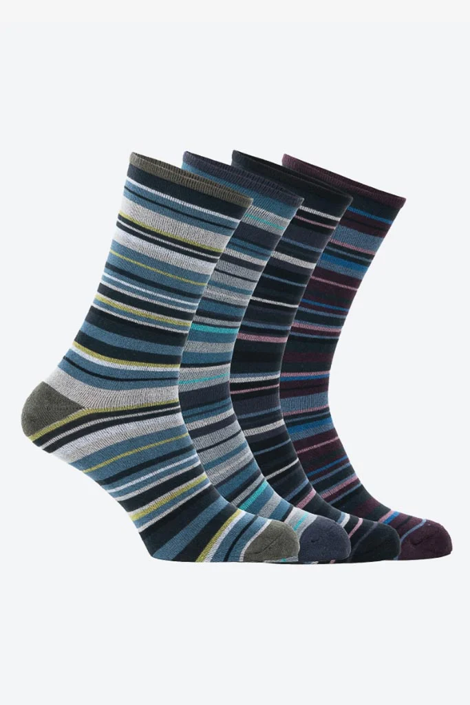 ethically made socks with bamboo, four different stripey mid-calf length socks lined up in a row