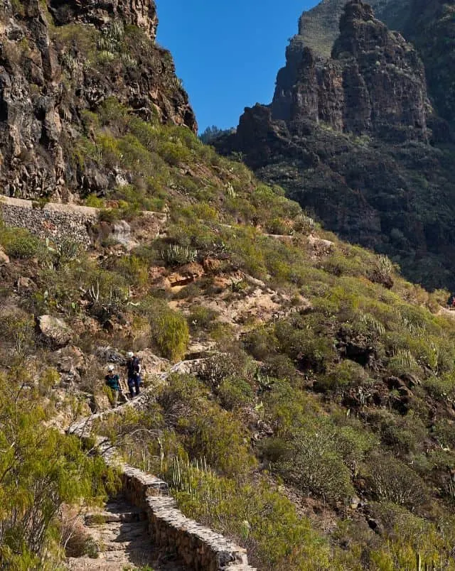 Top Tenerife South attractions, Two people walking along a rural stony pathway with low wall winding along hillside towards two tall rocky mountain peaks with clear blue sky visible between them