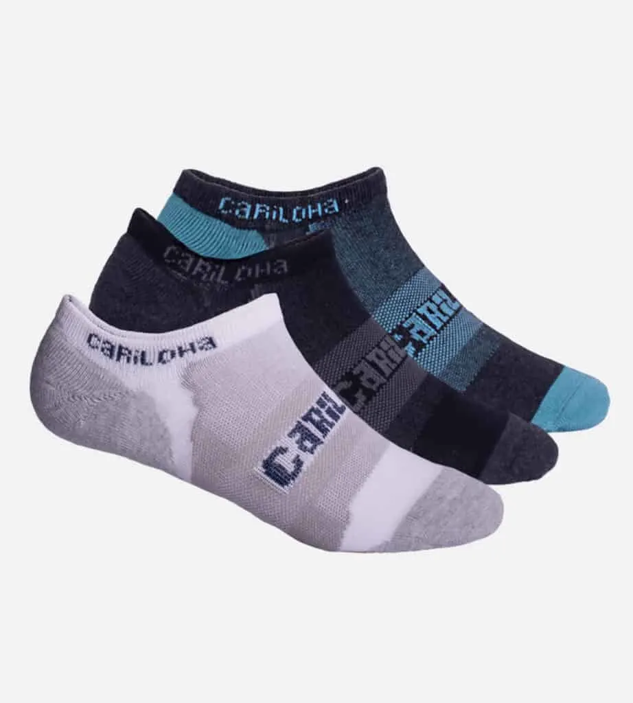 sustainably made socks, white, black and blue snkle socks that say carihola across ankle and bridge of foot