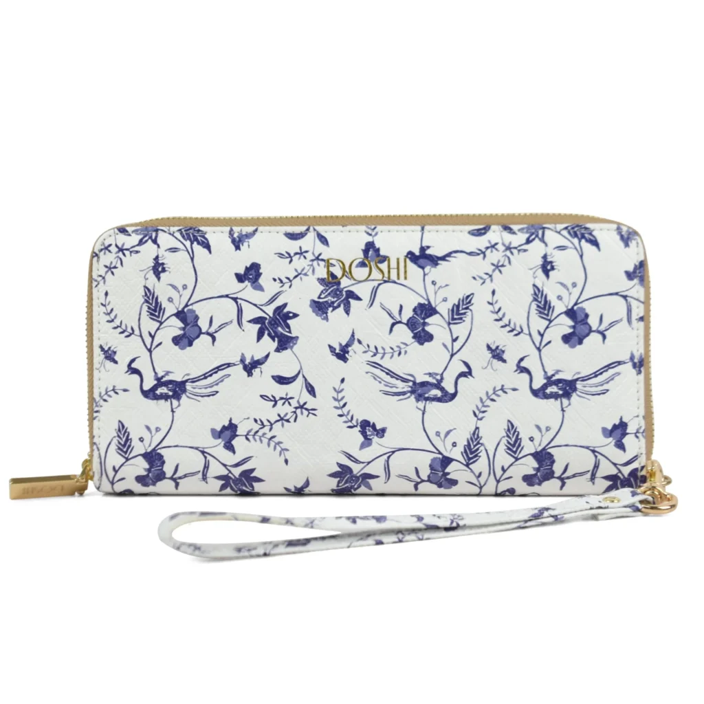 best sustainable women's wallets, white womens purse with blue bird and plant design