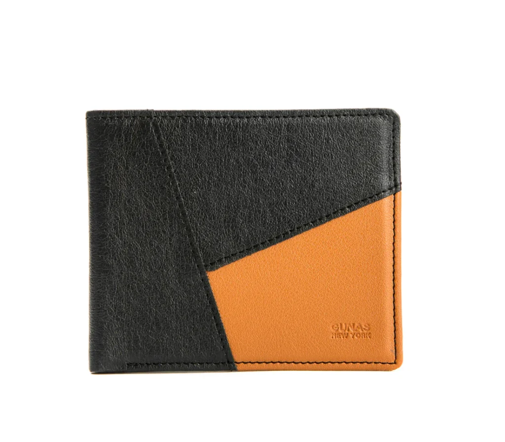 most eco friendly wallets, front of leather wallet with black and orange swatches