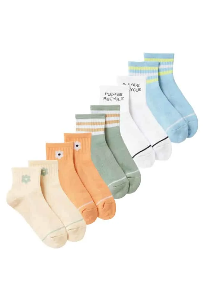 fun eco-friendly socks, five pairs of socks with different designs and colors