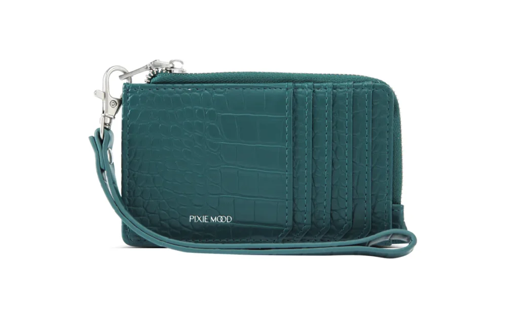 best eco friendly wallet brands, dark green womens wallet with card slots on the outside and a strap attached, the brand name pixie mood is embossed in silver on the front