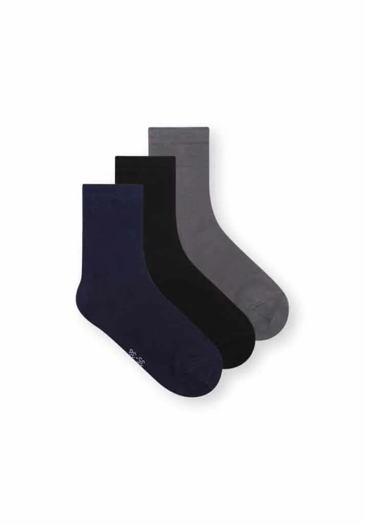 best eco-friendly socks, blue, black and grey socks lined up together