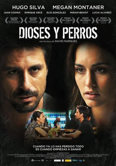 top movies that take place in spain, movie poster of dioses y perros with two people in close up and also sitting at a table in a restaurant
