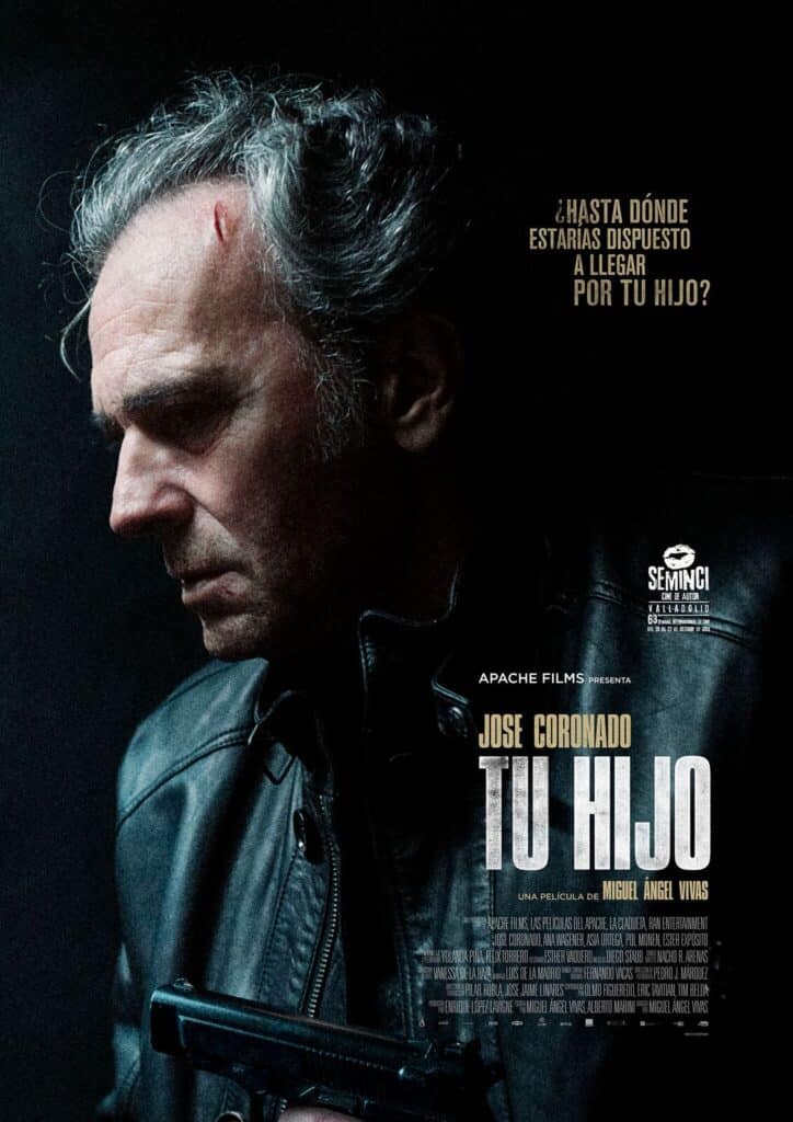 View some of the best films from spain, movie poster for Tu Hijo with old man in leather jacket looking depressed standing in darkness