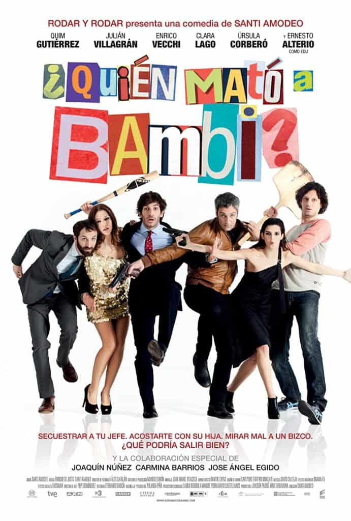 Try out these movies made in spain, movie poster of 'who killed bambi' with title in Spanish (quien mato a bambi?' and six people holding weapons