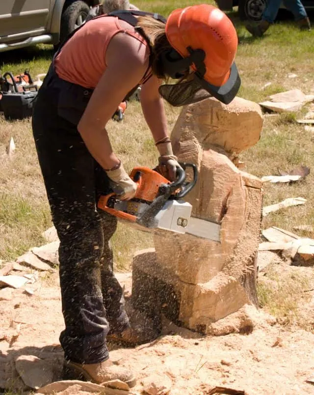 You'll enjoy these Eau Claire activities, person in safety helmet and gloves using chainsaw to carve large block of wood