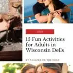 Pin with three images: (1) a headless person in sparkly gray dress with two wine glasses held out in front of them, (2) a happy couple on a boat & (3) three female friends leaning on each other and smiling, text between images reads 'USA: 15 fun activities for adults in Wisconsin Dells'