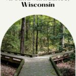 Pin with image of a wooden boardwalk in a forest with two diverging paths, text above image reads: 15 fun hikes around Milwaukee, Wisconsin