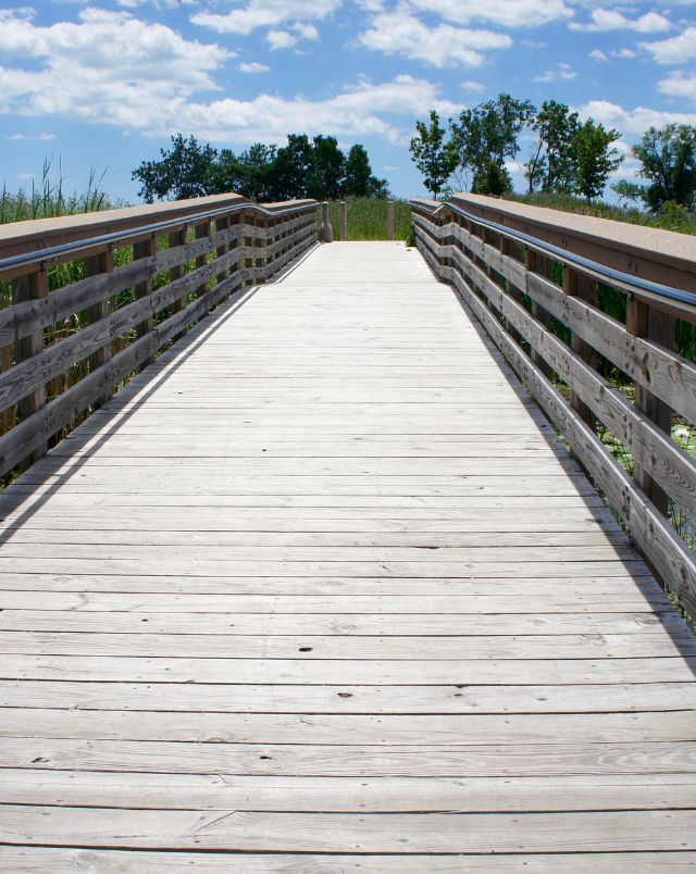 best hiking near Milwaukee, View looking across the top of a wooden bridge with green trees and grass visible on the opposite side under a blue sky with clouds