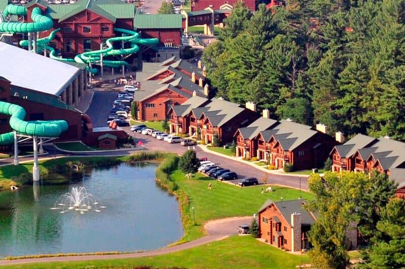 aerial view of the Wilderness Resort with some of the best family cabins in Wisconsin