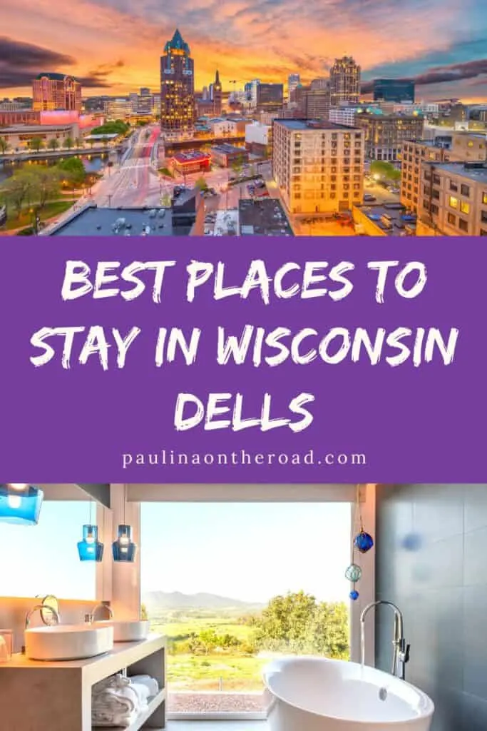 a pin with an aerial view of Wisconsin and a bathroom in one of the Best Places to Stay in Wisconsin Dells 