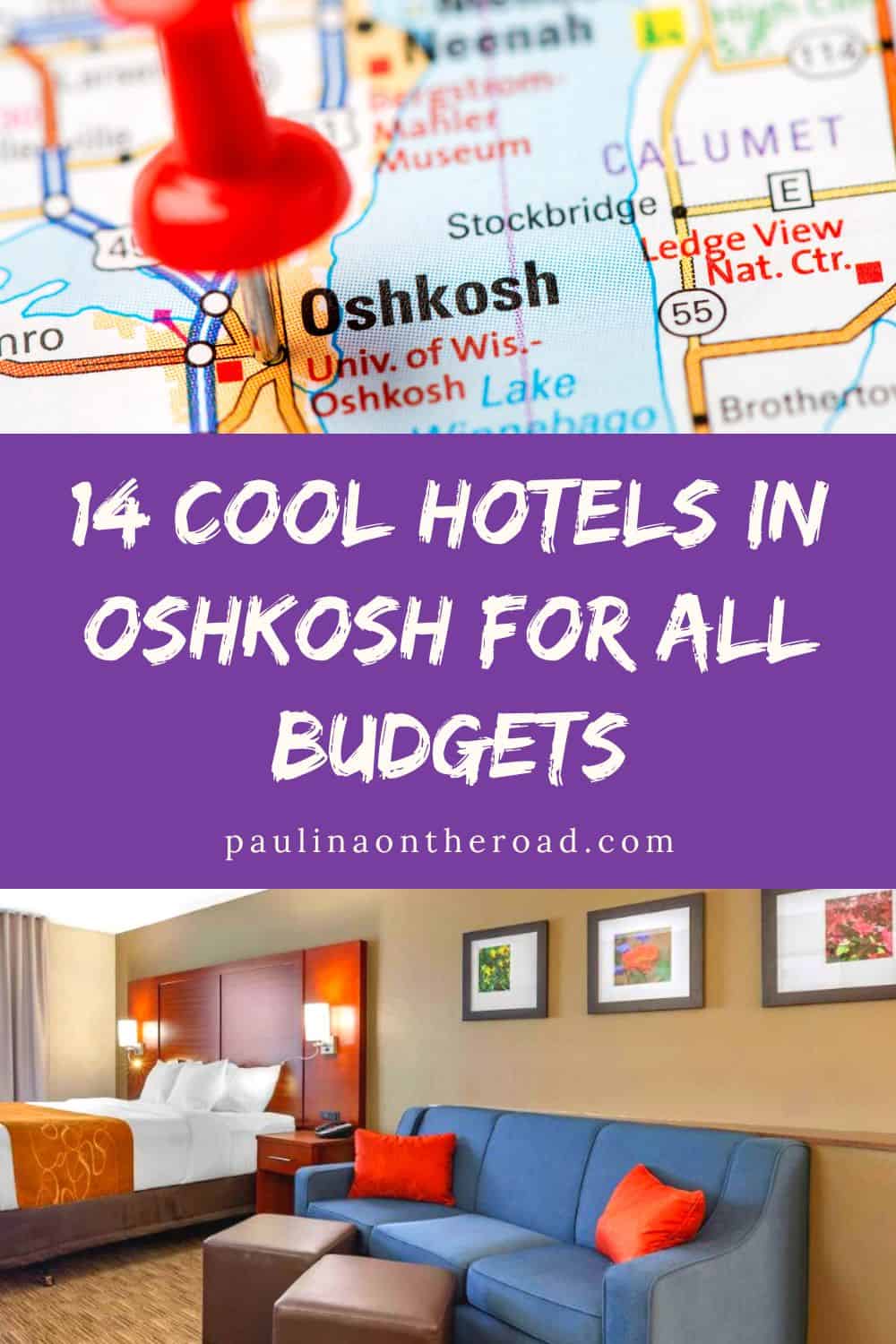 a pin with a map of Oshkosh and a photo of a bedroom at a hotel in Oshkosh, Wisconsin