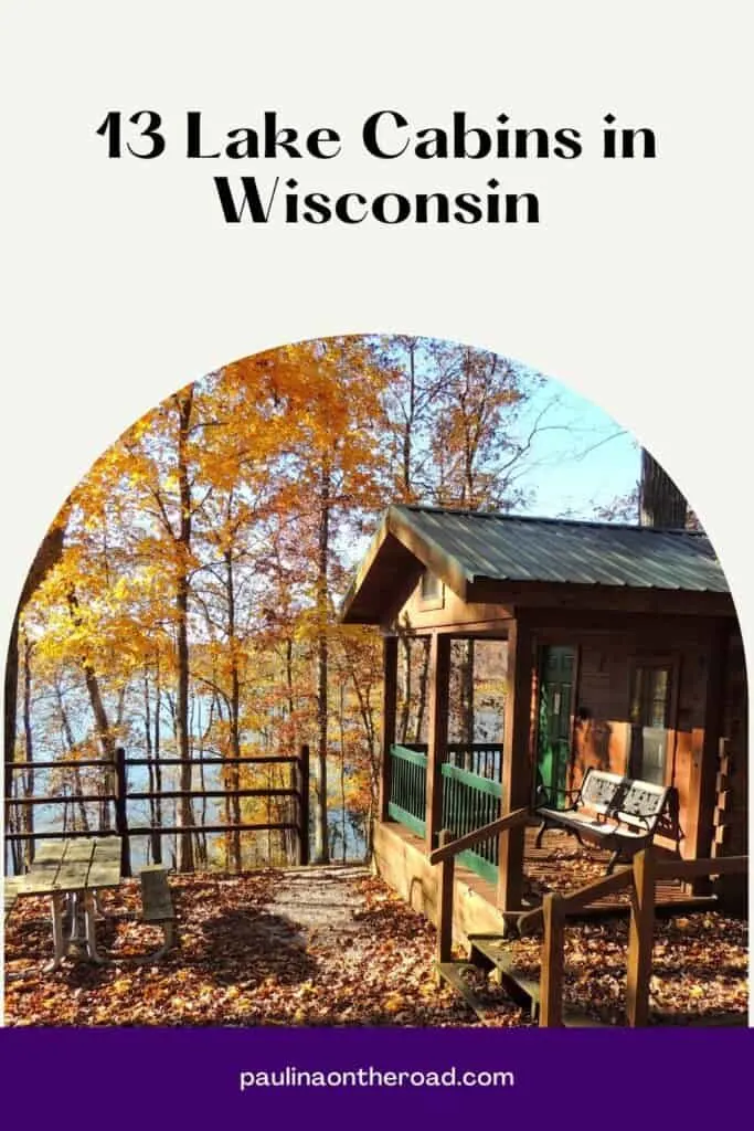 a pin with a cabin with lake view in the woods in Wisconsin. 